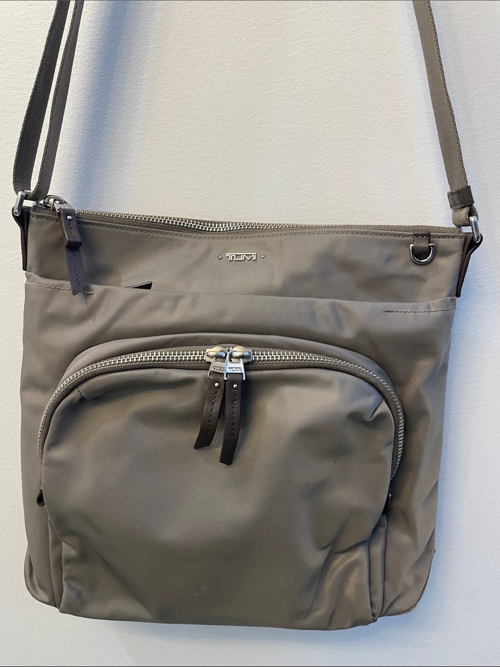 Tumi Women’s Crossbody Bag in Taupe Brown & Silver Hardware